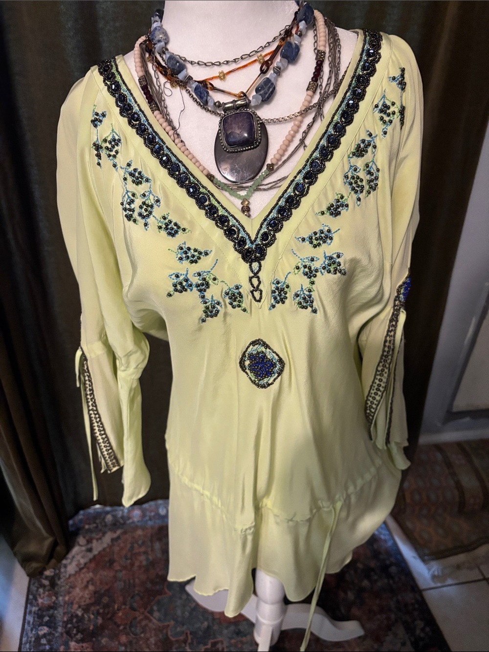 Beaded V-Neck Yellow Women’s Tunic with Embroidered Detail